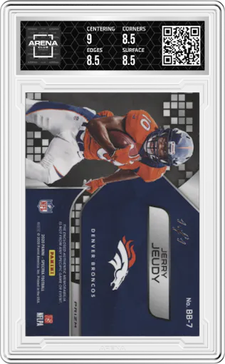 Jerry Jeudy from the 2020 Panini Spectra set featuring a Gold parallel graded by Arena Club and given an overall grade of 8.5.