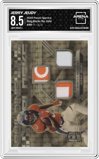 Jerry Jeudy from the 2020 Panini Spectra set featuring a Gold parallel graded by Arena Club and given an overall grade of 8.5.