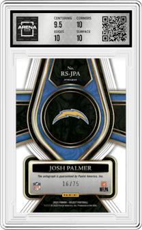 Josh Palmer from the 2021 Panini Select set featuring a Blue Prizm parallel graded by Arena Club and given an overall grade of 10.