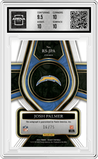 Josh Palmer from the 2021 Panini Select set featuring a Blue Prizm parallel graded by Arena Club and given an overall grade of 10.