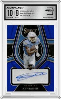 Josh Palmer from the 2021 Panini Select set featuring a Blue Prizm parallel graded by Arena Club and given an overall grade of 10.