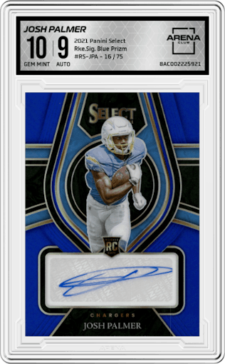 Josh Palmer from the 2021 Panini Select set featuring a Blue Prizm parallel graded by Arena Club and given an overall grade of 10.
