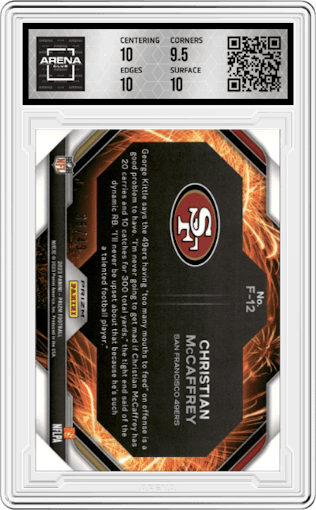 Christian McCaffrey from the 2023 Panini Prizm set featuring a Purple Power parallel graded by Arena Club and given an overall grade of 10.