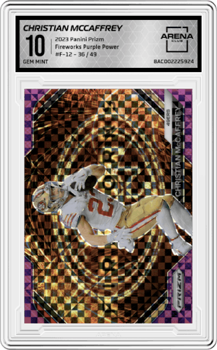 Christian McCaffrey from the 2023 Panini Prizm set featuring a Purple Power parallel graded by Arena Club and given an overall grade of 10.