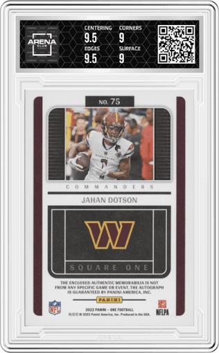 Jahan Dotson  from the 2022 Panini One set featuring a Gold  parallel graded by Arena Club and given an overall grade of 9.5.