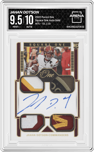 Jahan Dotson  from the 2022 Panini One set featuring a Gold  parallel graded by Arena Club and given an overall grade of 9.5.