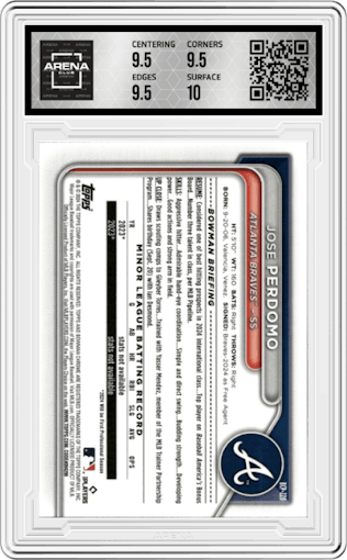 Jose Perdomo from the 2024 Bowman Chrome Mega Box set featuring a Pink Refractor parallel graded by Arena Club and given an overall grade of 10.