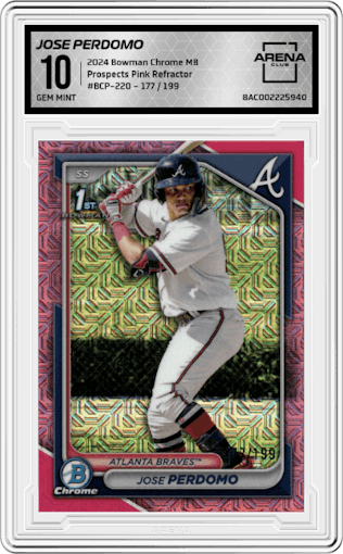Jose Perdomo from the 2024 Bowman Chrome Mega Box set featuring a Pink Refractor parallel graded by Arena Club and given an overall grade of 10.