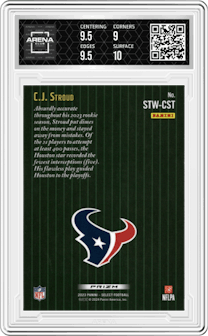 C.J. Stroud from the 2023 Panini Select set featuring a Silver Prizm parallel graded by Arena Club and given an overall grade of 9.5.