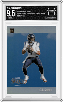 C.J. Stroud from the 2023 Panini Select set featuring a Silver Prizm parallel graded by Arena Club and given an overall grade of 9.5.