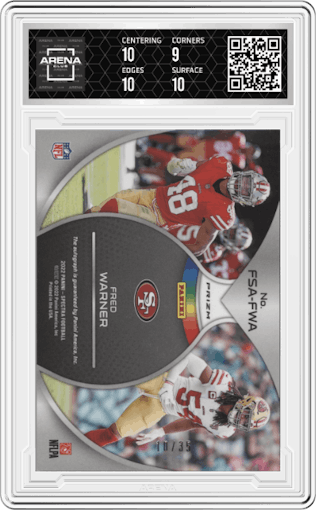 Fred Warner from the 2022 Panini Spectra set featuring a Neon Green parallel graded by Arena Club and given an overall grade of 9.5.