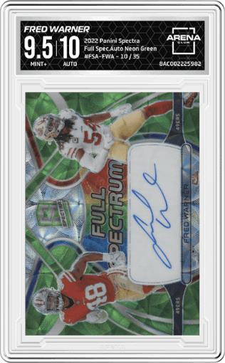 Fred Warner from the 2022 Panini Spectra set featuring a Neon Green parallel graded by Arena Club and given an overall grade of 9.5.