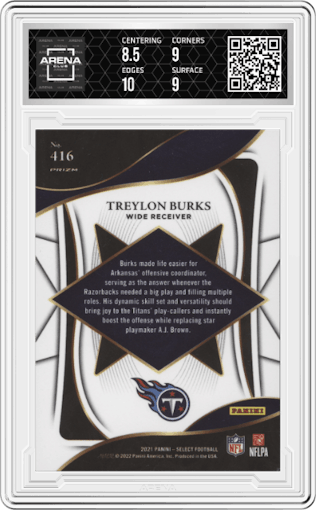 Treylon Burks from the 2021 Panini Select set graded by Arena Club and given an overall grade of 9.