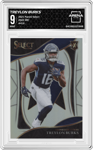 Treylon Burks from the 2021 Panini Select set graded by Arena Club and given an overall grade of 9.