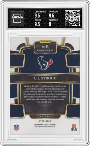 C.J. Stroud from the 2023 Panini Select set featuring a Silver Prizm parallel graded by Arena Club and given an overall grade of 9.5.