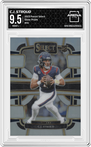 C.J. Stroud from the 2023 Panini Select set featuring a Silver Prizm parallel graded by Arena Club and given an overall grade of 9.5.