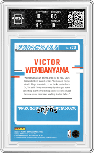 Victor Wembanyama from the 2023-24 Panini Donruss set featuring a Green Holo Laser  parallel graded by Arena Club and given an overall grade of 9.