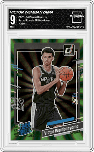 Victor Wembanyama from the 2023-24 Panini Donruss set featuring a Green Holo Laser  parallel graded by Arena Club and given an overall grade of 9.