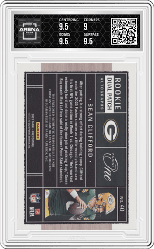 Sean Clifford from the 2023 Panini One set graded by Arena Club and given an overall grade of 9.5.