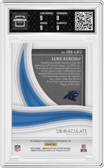 Luke Kuechly from the 2023 Panini Immaculate Collection  set graded by Arena Club and given an overall grade of 9.