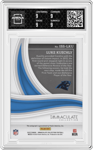 Luke Kuechly from the 2023 Panini Immaculate Collection  set graded by Arena Club and given an overall grade of 9.