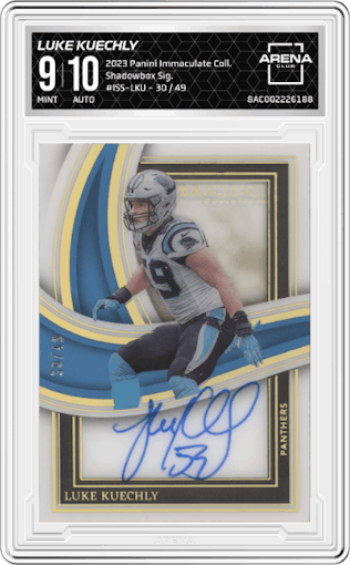 Luke Kuechly from the 2023 Panini Immaculate Collection  set graded by Arena Club and given an overall grade of 9.