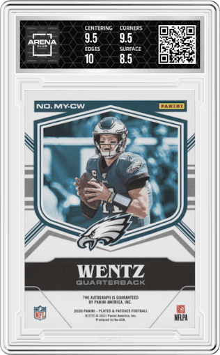 Carson Wentz from the 2020 Panini Plates & Patches set graded by Arena Club and given an overall grade of 9.