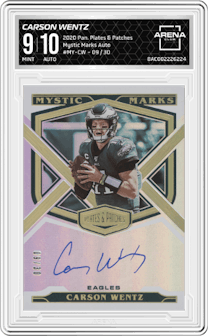 Carson Wentz from the 2020 Panini Plates & Patches set graded by Arena Club and given an overall grade of 9.
