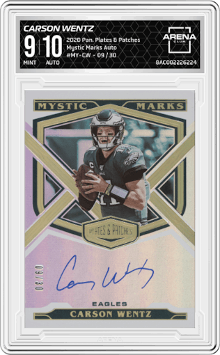 Carson Wentz from the 2020 Panini Plates & Patches set graded by Arena Club and given an overall grade of 9.