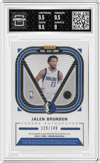 Jalen Brunson from the 2020-21 Panini Obsidian set graded by Arena Club and given an overall grade of 9.5.