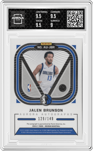 Jalen Brunson from the 2020-21 Panini Obsidian set graded by Arena Club and given an overall grade of 9.5.