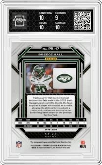 Breece Hall from the 2022 Panini Chronicles set featuring a Red parallel graded by Arena Club and given an overall grade of 9.5.