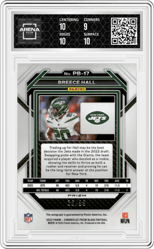 Breece Hall from the 2022 Panini Chronicles set featuring a Red parallel graded by Arena Club and given an overall grade of 9.5.