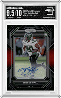Breece Hall from the 2022 Panini Chronicles set featuring a Red parallel graded by Arena Club and given an overall grade of 9.5.
