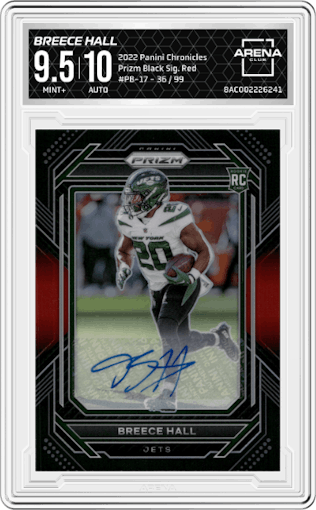 Breece Hall from the 2022 Panini Chronicles set featuring a Red parallel graded by Arena Club and given an overall grade of 9.5.
