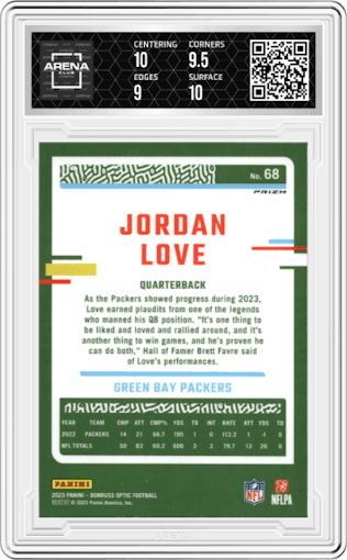 Jordan Love from the 2023 Donruss Optic set featuring a Fire parallel graded by Arena Club and given an overall grade of 9.5.