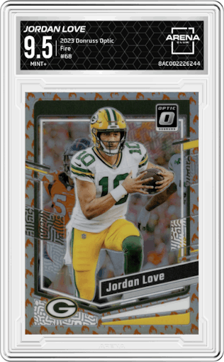 Jordan Love from the 2023 Donruss Optic set featuring a Fire parallel graded by Arena Club and given an overall grade of 9.5.