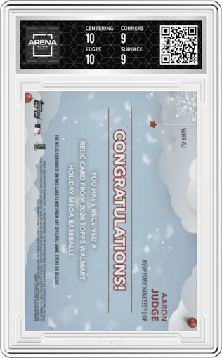 Aaron Judge from the 2020 Topps Holiday Mega Box set graded by Arena Club and given an overall grade of 9.5.