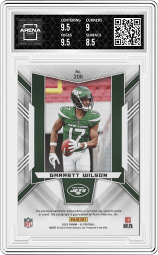 Garrett Wilson from the 2022 Panini XR set featuring a Jacket parallel graded by Arena Club and given an overall grade of 9.