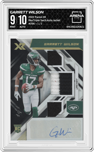 Garrett Wilson from the 2022 Panini XR set featuring a Jacket parallel graded by Arena Club and given an overall grade of 9.