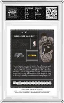 Dejounte Murray from the 2019-20 Panini One and One set featuring a Black parallel graded by Arena Club and given an overall grade of 9.5.