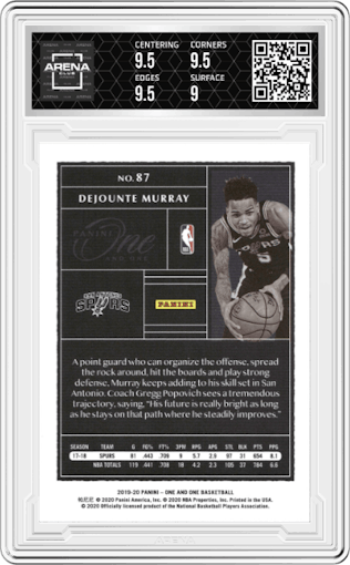 Dejounte Murray from the 2019-20 Panini One and One set featuring a Black parallel graded by Arena Club and given an overall grade of 9.5.