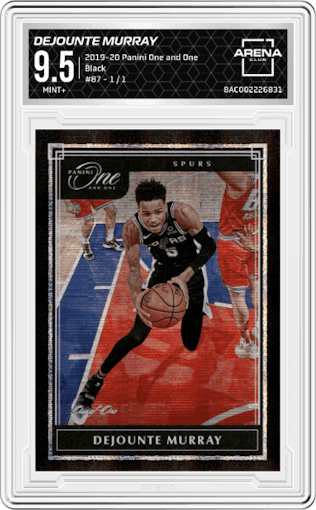 Dejounte Murray from the 2019-20 Panini One and One set featuring a Black parallel graded by Arena Club and given an overall grade of 9.5.