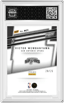 Victor Wembanyama from the 2024 Panini The National VIP set featuring a Red/White/Blue Prizm parallel graded by Arena Club.