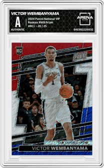 Victor Wembanyama from the 2024 Panini The National VIP set featuring a Red/White/Blue Prizm parallel graded by Arena Club.