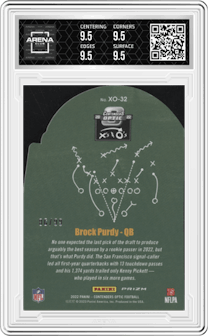 Brock Purdy from the 2022 Panini Contenders Optic set featuring a Blue parallel graded by Arena Club and given an overall grade of 9.5.