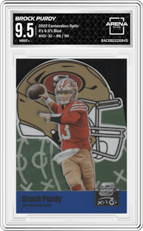 Brock Purdy from the 2022 Panini Contenders Optic set featuring a Blue parallel graded by Arena Club and given an overall grade of 9.5.