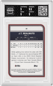 J.T. Realmuto from the 2023 Topps World Baseball Classic set featuring a FoilFractor parallel graded by Arena Club and given an overall grade of 9.