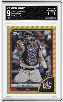 J.T. Realmuto from the 2023 Topps World Baseball Classic set featuring a FoilFractor parallel graded by Arena Club and given an overall grade of 9.