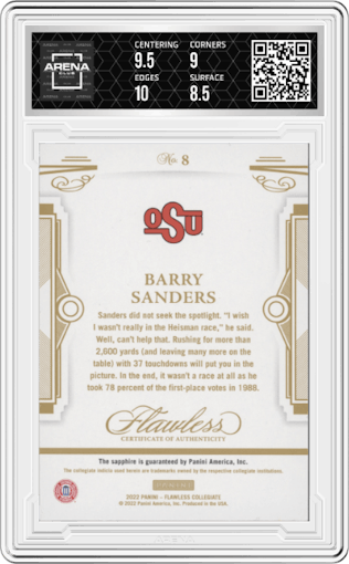 Barry Sanders from the 2022 Panini Flawless Collegiate set featuring a Sapphire parallel graded by Arena Club and given an overall grade of 9.
